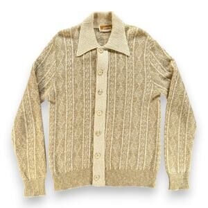 Vintage Jantzen Sweater Adult MEDIUM Brown Cream Collared Cardigan Knit USA 70s